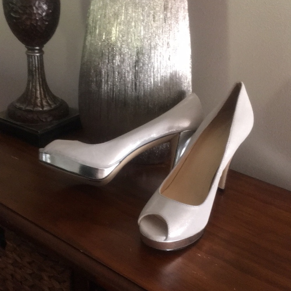 Calvin Klein silver platform 8.5 peep toe heels